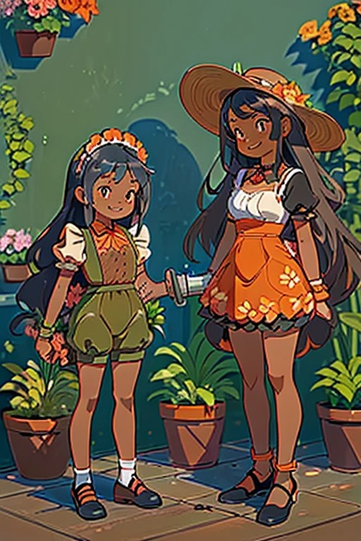 
masterpiece, best quality, ultra-detailed, extremely-detailed, '((2girls))', cute, '(((medium black hair girl and long orange hair girl)))', '(((maid)))', '(((maid light brown short costume)))', ((((medium breast))))

'(((smile)))', 
'((((gardening))))', '(((potted plant)))', '(Straw hat)', '(((flower pot)))', '(((Watering the plants)))',