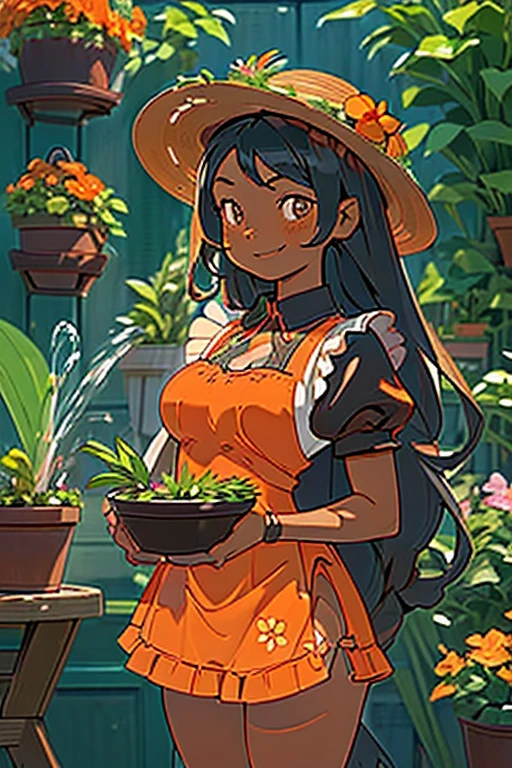 
masterpiece, best quality, ultra-detailed, extremely-detailed, '((2girls))', cute, '(((medium black hair girl and long orange hair girl)))', '(((maid)))', '(((maid light brown short costume)))', ((((medium breast))))

'(((smile)))', 
'((((gardening))))', '(((potted plant)))', '(Straw hat)', '(((flower pot)))', '(((Watering the plants)))',