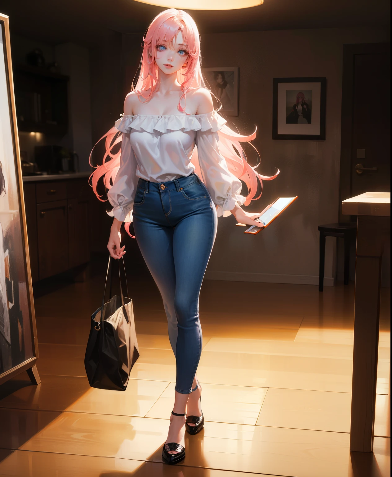 pink hair, (full body), (best quality,4k,8k,highres,masterpiece:1.2),(anime),ultra-detailed,((standing)), in casual clothes off-shoulder blouse, baggy jeans, shoes on legs detailed eyes and lips, long eyelashes, beautiful detailed face, realistic posing, studio lighting, vivid colors, ultra-fine painting, flowing wavy hair, relaxed posture, soft lighting, warm color tones, high-resolution image(4k), ultra-detailed,(beautidful eyes:1.1)，dynamicposes, (incredibly detailed eyes), Beautiful hairstyle, blue eyes, Beautiful details, Pale, smooth and luminous skin with iridescent shine and no imperfections, Ultra high definition,  girl