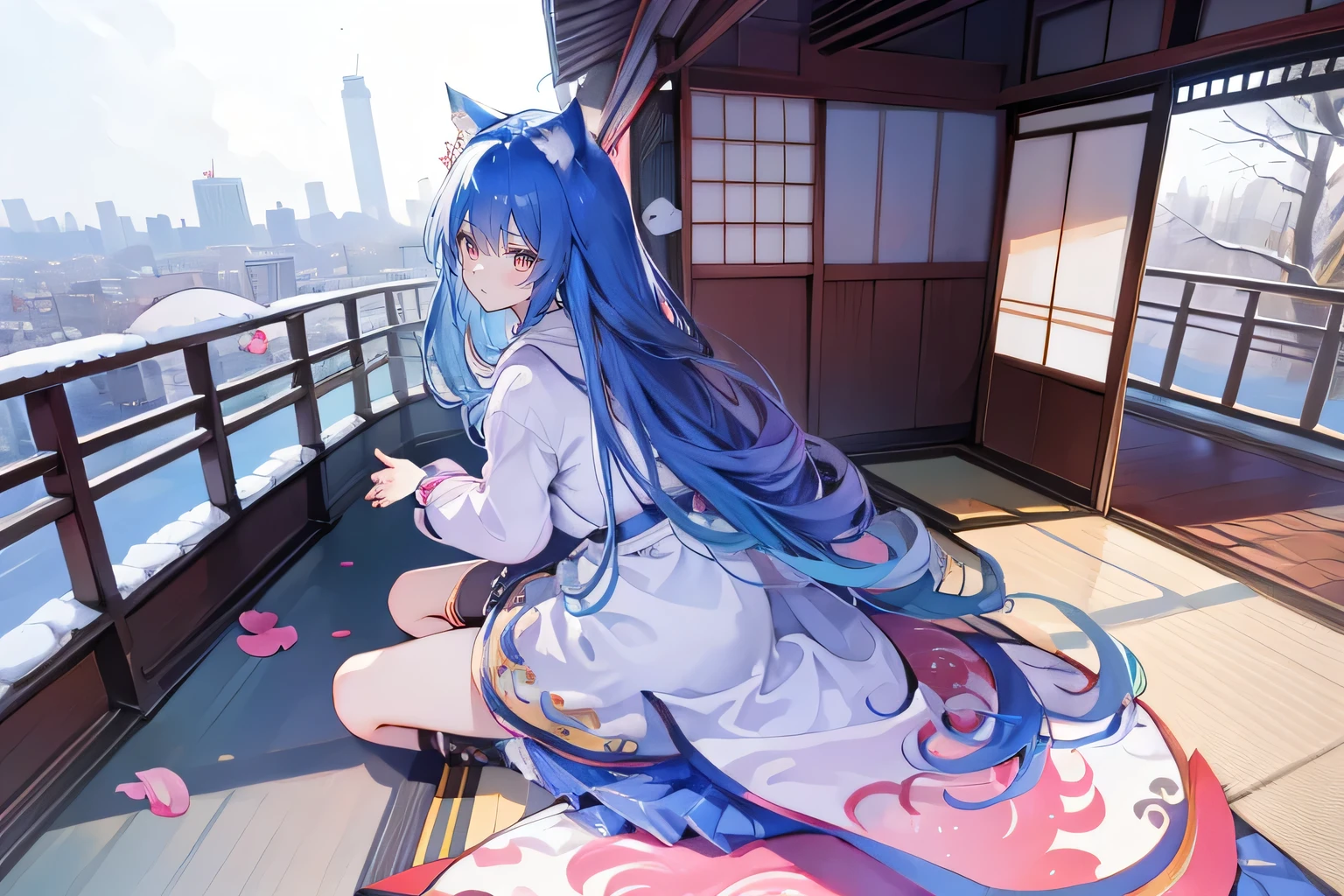 (masterpiece:1.2),Super detailed,lifelike,Expressive eyes,fair skin,perfect face shape,1 girl,
Japanese comics,Gorgeous blue hair,flowing blue hair,flowing clothes,Cat ears,Petals fall,beautiful lola,Baby Angel,
Cross your legs,Gentle and peaceful background,The pavilion is cool and comfortable,smile, wearing hoodie, background of tokyo,back views,snowing, winter.