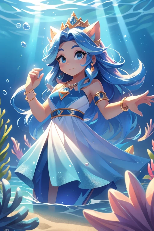 Nome: Marina Raça: Sereia Cor da pele: Um tom de azul claro e brilhante Cor dos olhos: Azul turquesa Cabelo: Longo e ondulado, na cor azul marinho, com reflexos prateados Vestimenta: A blue shell top and flowing train in different shades of blue, with details of silver scales Accessories: A necklace of blue pearls and a crown of shells and starfish. Its background shows stunning underwater scenery, com corais coloridos, tropical fish and sun rays filtered through the water, reflecting its connection with the underwater world.