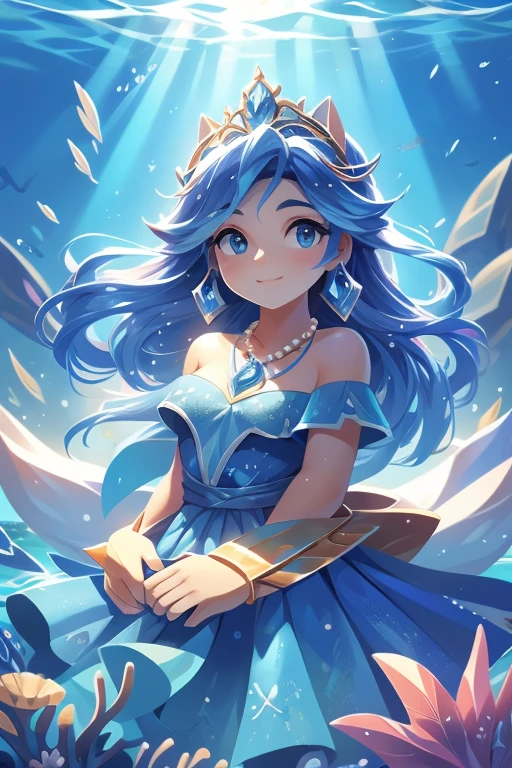 Nome: Marina Raça: Sereia Cor da pele: Um tom de azul claro e brilhante Cor dos olhos: Azul turquesa Cabelo: Longo e ondulado, na cor azul marinho, com reflexos prateados Vestimenta: A blue shell top and flowing train in different shades of blue, with details of silver scales Accessories: A necklace of blue pearls and a crown of shells and starfish. Its background shows stunning underwater scenery, com corais coloridos, tropical fish and sun rays filtered through the water, reflecting its connection with the underwater world.