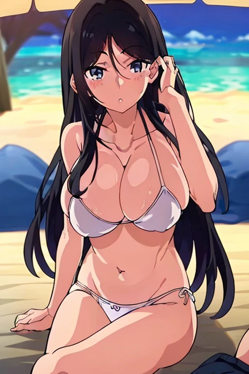 (masutepiece, Best Quality, High resolution, anime screen cap, anime colours, megami magazine:1.2, anime poster style, anime keyvisual, sharp, 8k, photorealistic), (beautiful eyes:1.5), Blowmailing, 1girl in, Cute, blush, (Long Black Hair:1.5), (Oversized large sagging breasts:1.5), cleavage, ((White Bikini:1.5, Thin fabric)), (on back, sleepy), cowboy shot, spread legs, ((Perfect Anatomy, beautifull detailed face, Beautiful detailed eyes, beautiful detailed hair, Beautiful detailed body)), thick outline, Beautiful outlines, black outlines