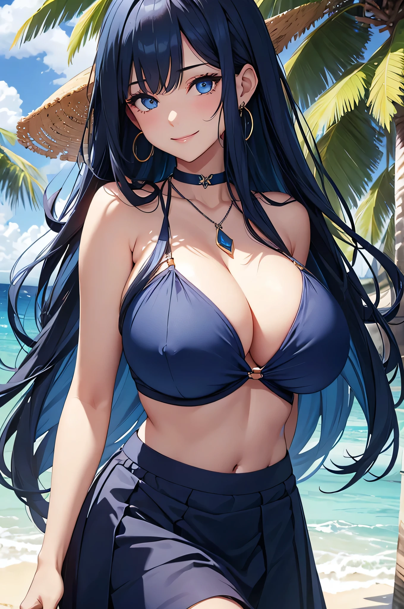 beautiful girl,Long dark blue hair ,blue eyes,Navy Blue Bikini、Big cleavage、(Big Breasts)、smile、blue necklace、Blue Earrings、background(Beach)、Sexy pose、Please open your mouth wide、Navy Blue Skirt