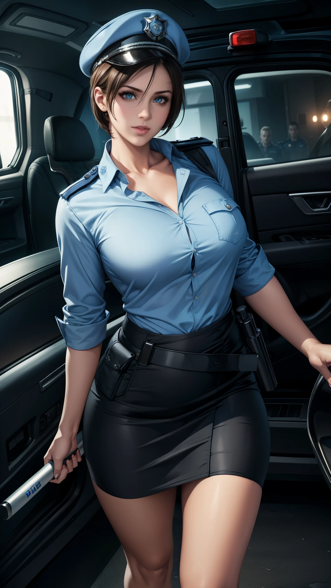 (best quality,ultra-detailed,photorealistic:1.37),portraits,cute expression,sharp eyes,perfect lips,confident smile,cute face,long eyelashes,full body shot,dynamic point of view,1 girl,police officer,shirt skirt,night downtown,holding a baton around the waist,cap,handcuffs around the waist,pockets on the chest,radio on the collarbone,police car,Jill Valentine,BIOHAZARD,RESIDENT EVIL,light blue shirts