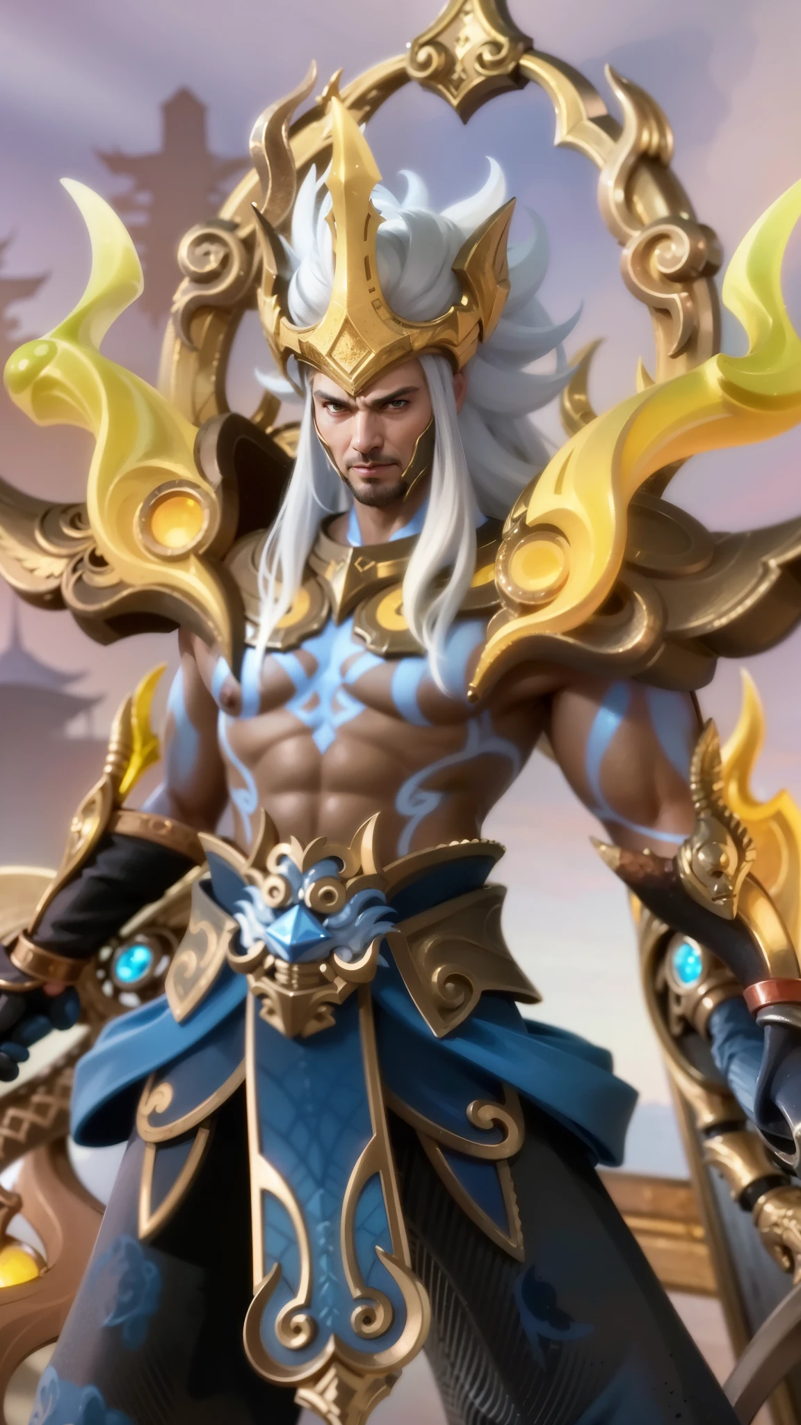 a close up of a guy holding a sword in a sky, Masterpiece, ultra HD, detailed all picture, a close up of a devil, dyrroth from mobile legend, evil, extremely detailed artgerm, mobile legends character, inspired by Dyrroth, Six pack chest and abs, black jewel above the chest, light yellow eyes.