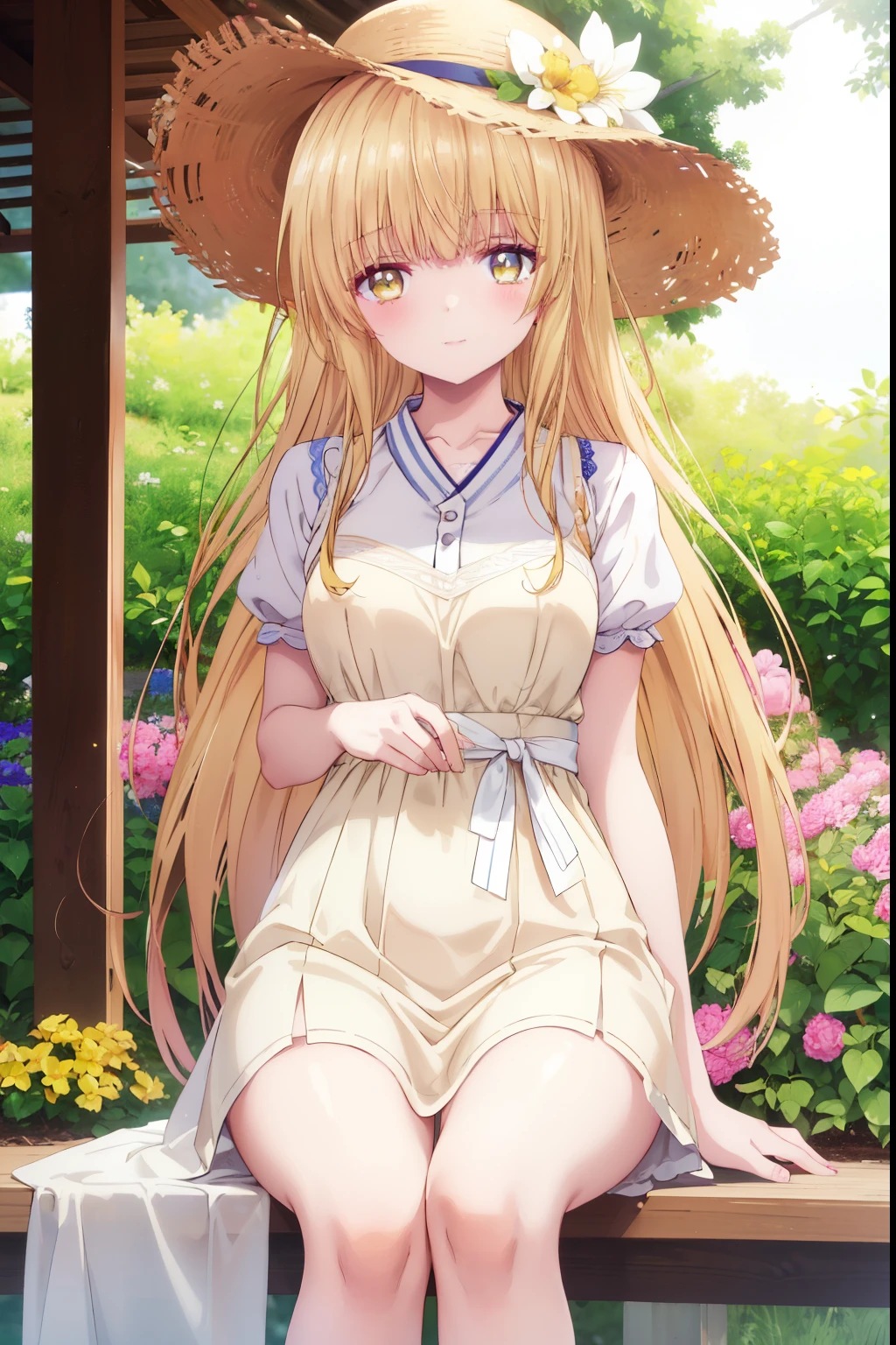Mahiru shiina, , blonde, (Yellow Eyes:1.3)、Braided long hair,,blush,smile,Captivating thighs、Beautiful bare legs, Sideways armpit、Very cute short sleeve、Very beautiful garden、Holding a colorful bouquet💐、Wear a straw hat
（masterpiece:1.2), highest quality, High resolution, unity 8k wallpaper, (shape:0.8), (Beautiful and beautiful eyes:1.6), Highly detailed face, Perfect lighting, Extremely detailed CG, (Perfect hands, Perfect Anatomy),