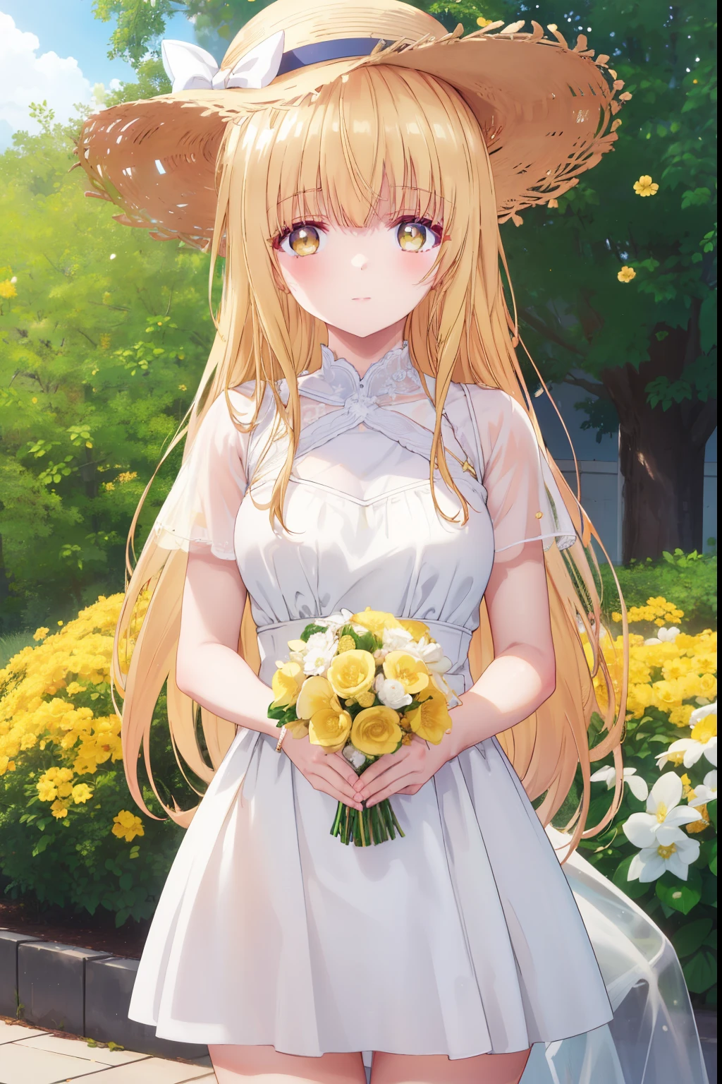 Mahiru shiina, , blonde, (Yellow Eyes:1.3)、Braided long hair,,blush,smile,Captivating thighs、Beautiful bare legs, Sideways armpit、Very cute short sleeve、Very beautiful garden、Holding a colorful bouquet💐、Wear a straw hat
（masterpiece:1.2), highest quality, High resolution, unity 8k wallpaper, (shape:0.8), (Beautiful and beautiful eyes:1.6), Highly detailed face, Perfect lighting, Extremely detailed CG, (Perfect hands, Perfect Anatomy),