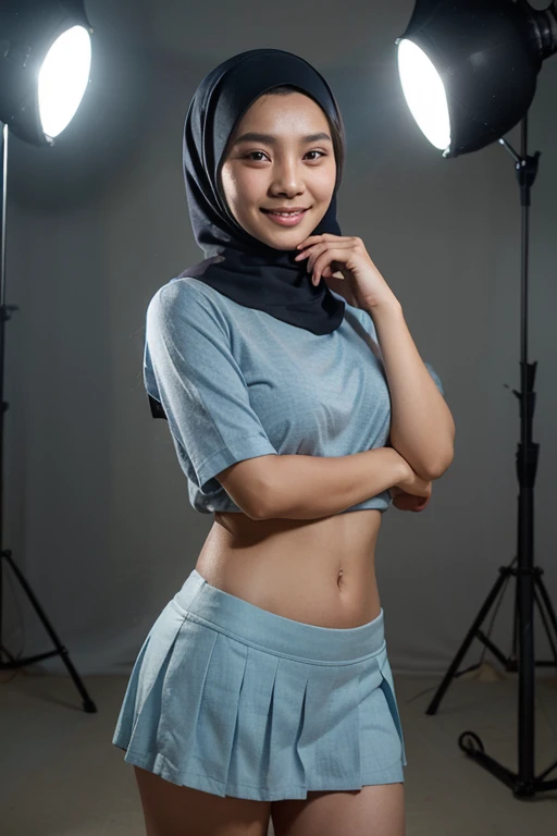 Malay girl in hijab wearing sexy short skirts portrait photography, mid shot photo, ultra detail, professional photograph with professional lighting, smile, light blue studio background