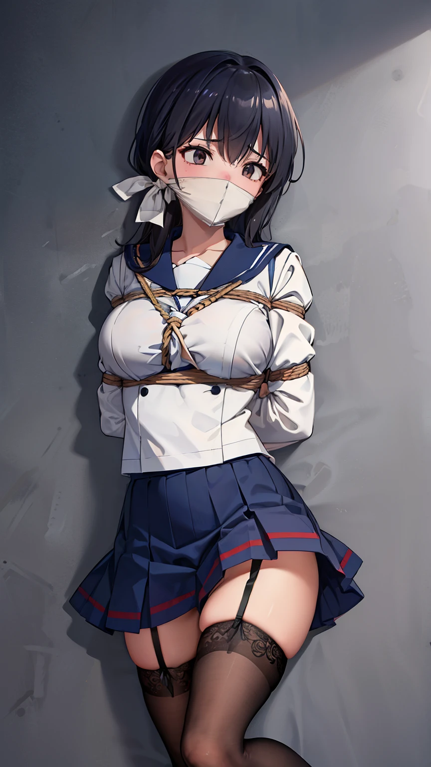 ((sailor uniform)), OTN, bound, (Highly detailed CG Unity 8K), (highest quality)，(Very detailed)，(Ultra-high resolution), 1 female, White gag, Sailor suit, Rope Bondage, breasts Rope Bondage, hands back Rope Bondage, leg Rope Bondage, thigh Rope Bondage, bust Rope Bondage, feet Rope Bondage, Put your arms behind your hips, Wrists tied, Tie your ankles, Gagged with white cloth, Dark Blue Skirt, ((Black Stockings)), Black garter belt, loafers, 