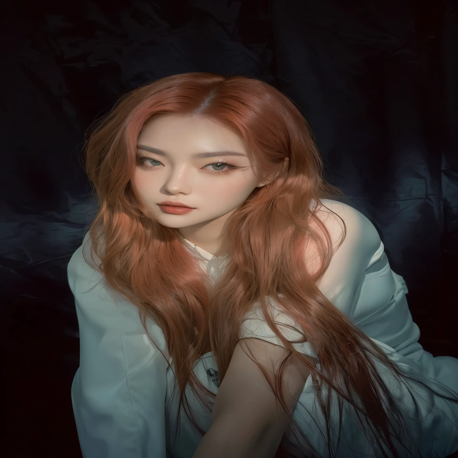 curvy woman with long red hair sitting on a black surface, hwang yeji do itzy, ela tem cabelo longo liso, hwang yeji, Com cabelos longos e olhos penetrantes, pink middle lips, bochechas parcialmente coradas.