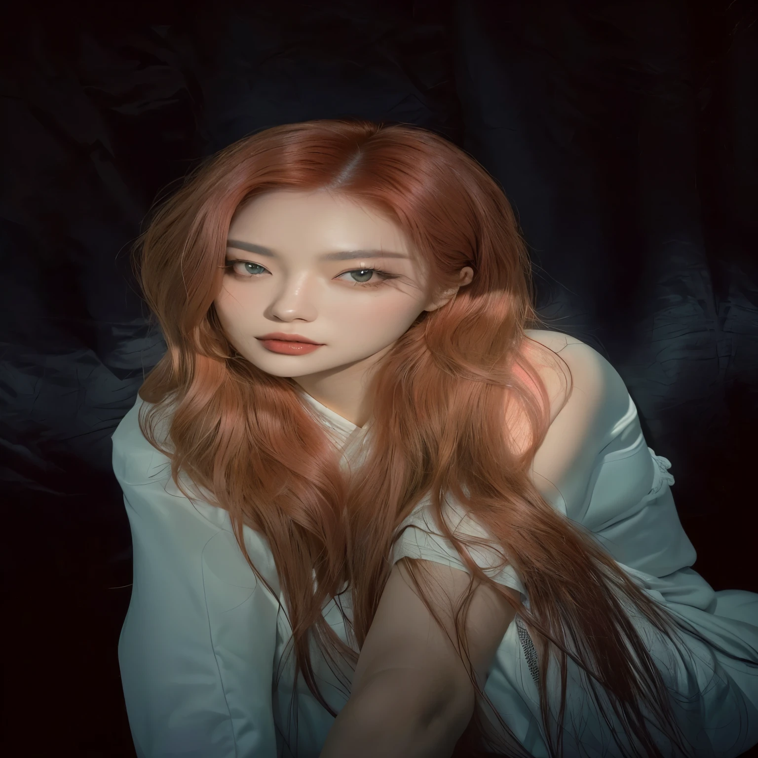 curvy woman with long red hair sitting on a black surface, hwang yeji do itzy, ela tem cabelo longo liso, hwang yeji, Com cabelos longos e olhos penetrantes, pink middle lips, bochechas parcialmente coradas.