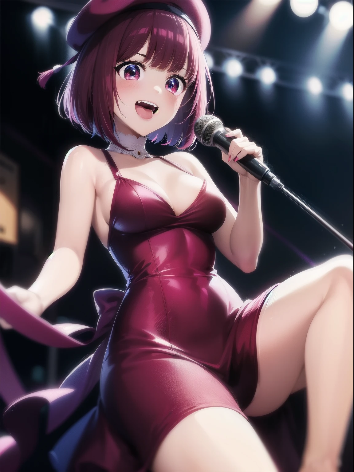 1 girl, graduation bob, straight short hair, mediumvioletred hair, mediumvioletred eyes, big droopy eyes, small beret, selfish, see-through, sexually suggestive、Idol、Live Stage、Live at the Dome、Singing live、Full body painting、頭から足先までのFull body painting、Microphone Performance、light up、sing on stage、A packed audience、figure:background(1:3)、Singing passionately、Sweat、Full power performance