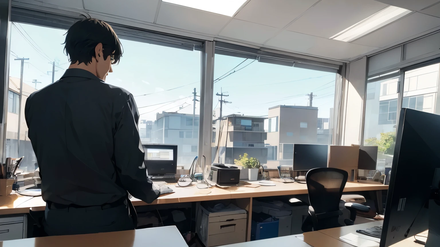 ((highest quality)), ((masterpiece)), (detailed), office,A businessman from behind operating a computer、Operating at a computer
