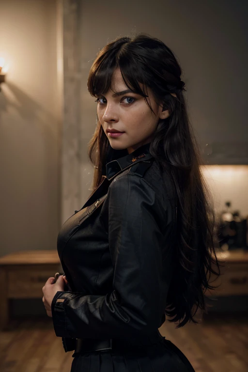 (a detailed portrait RAW photo of a gorgeous beautiful ((German)) , realistic, solo, side view, POV, looking in camera, intense stare, (masterpiece),(photorealistic:1.3), nfsw, ultra-detailed, (high detailed skin:1.2),(best quality:1.0), (ultra highres:1.0), fit, back light, slim, beautiful, Wearing military uniform shirt, german ww2 uniform, hugo boss, black pencil skirt, red and black uniform, officer's uniform, long hair, messy hair, 2 strands of hair tendrils, bangs, Captured from a front view angle, The scene set in a space battle. Best quality, 4k, Masterpiece :1.3), pretty woman, 1girl, ( large breasts, cleavage attractive body :1.2), abs :1.1, blonde hair: 1.1, makeup, black eyeshadow, black eyeliner, black mascara, red blush, ultra-detailed face, detailed lips, mouth closed, red lipstick, detailed eyes, blue eyes, double eyelid, button gap, evil smile, luger pistol on hand
