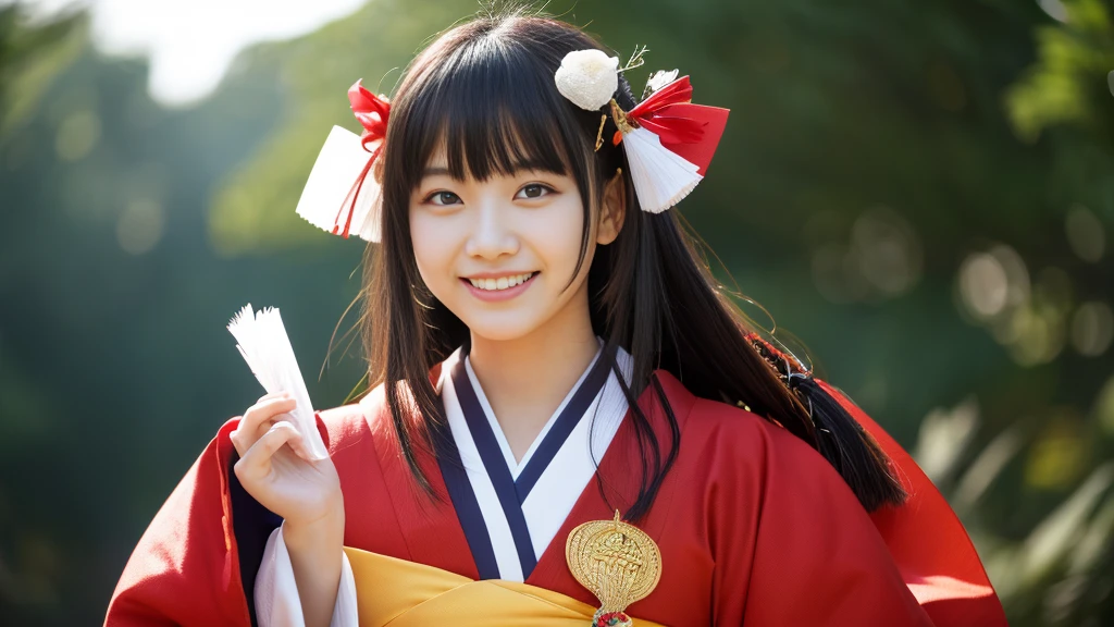 An unbeatable masterpiece, Ultra-photorealism, Perfect artwork, Intricate details, highest quality, Strong light,High Contrast, Tabletop , highest quality , Official Art ,Highly detailed CG Unity 8k wallpaper ,One Girl , alone , Realistic , Compensate , High resolution , Whole Body Ezbian , Viewer Display , smile, bangs , Expose your shoulders , Black Hair ,クロスしたbangs , Hair between the eyes , Japanese style costume , Typically , length ,mask , 頭にmask , Cropped shoulders , Lips parted , black eye , red kimono , Red ribbon ,Iridescent ribbon , sash , Sky Porn , alone , striped ribbon ,Taiho \(Reynel Blue) , Double Tail , Very hairy , Wide sleeves , (Shiny skin) ,22 years old,(clear:1.5)