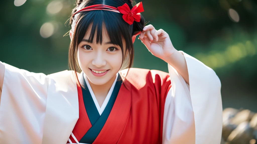 An unbeatable masterpiece, Ultra-photorealism, Perfect artwork, Intricate details, highest quality, Strong light,High Contrast, Tabletop , highest quality , Official Art ,Highly detailed CG Unity 8k wallpaper ,One Girl , alone , Realistic , Compensate , High resolution , Whole Body Ezbian , Viewer Display , smile, bangs , Expose your shoulders , Black Hair ,クロスしたbangs , Hair between the eyes , Japanese style costume , Typically , length ,mask , 頭にmask , Cropped shoulders , Lips parted , black eye , red kimono , Red ribbon ,Iridescent ribbon , sash , Sky Porn , alone , striped ribbon ,Taiho \(Reynel Blue) , Double Tail , Very hairy , Wide sleeves , (Shiny skin) ,22 years old,(clear:1.5)