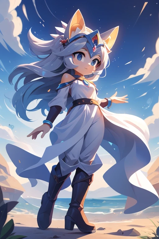 Nome: Aria Poderes: Controle do vento Cor da pele: pale, com um tom cinza claro Cor dos olhos: Cinza opaco Cabelo: Curto e selvagem, na cor cinza prateado Vestimenta: A light gray jumpsuit, ajustado ao corpo, with details in light, flowing fabric that remind you of the wind. She wears knee high boots, na cor cinza escuro. accessories: Um colar com um pingente de pena cinza e pulseiras com pequenos sinos.
Aria is a mysterious woman with the power to control the wind. Your skin is pale, com um tom cinza claro, almost translucent, como se estivesse sempre em harmonia com o ar. Your eyes are a dull gray, expressando tranquilidade e sabedoria. Her short, wild hair is silver gray in color., parecendo uma brisa em constante movimento. She wears a light gray jumpsuit, ajustado ao corpo, que permite liberdade de movimento. The jumpsuit has details in light, flowing fabric, que remetem ao vento em constante movimento ao seu redor. Aria wears knee-high boots, na cor cinza escuro, that give a feeling of stability even in the midst of storms. Ela usa um colar com um pingente de pena cinza, symbolizing your connection with the wind and your freedom. Their bracelets are adorned with small bells, que produzem sons suaves quando ela se move, como o sussurro do vento. Aria is a calm and balanced figure, capaz de canalizar e moldar o vento de acordo com sua vontade. She uses her powers to protect and guide those who are lost., bringing favorable winds and refreshing breezes. Seu plano de fundo retrata uma paisagem ampla e aberta, com campos e montanhas, onde o vento sopra livremente, reflecting its constant connection with the element it controls.