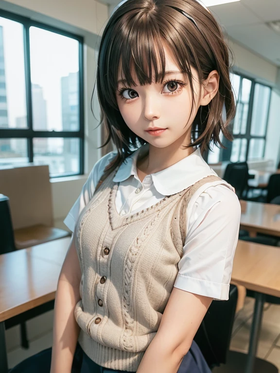 Masterpiece, Top Quality, Top Mikoto, brown eyes, short hair, small breasts, looking at viewer, alone, closed mouth, collared shirt, beige knit vest, dark blue  Skirt, school_uniform, shirt, white_shirt, classroom,Masterpiece, highest quality, 8K, detailed skin texture, fine cloth texture, beautiful detailed face, intricate details, super detailed,cute,cute posing,composition that shows the whole body,