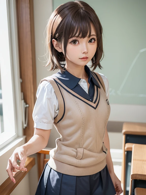 Masterpiece, Top Quality, Top Mikoto, brown eyes, short hair, small breasts, looking at viewer, alone, closed mouth, collared shirt, beige knit vest, dark blue  Skirt, school_uniform, shirt, white_shirt, classroom,Masterpiece, highest quality, 8K, detailed skin texture, fine cloth texture, beautiful detailed face, intricate details, super detailed,cute,cute posing,composition that shows the whole body,