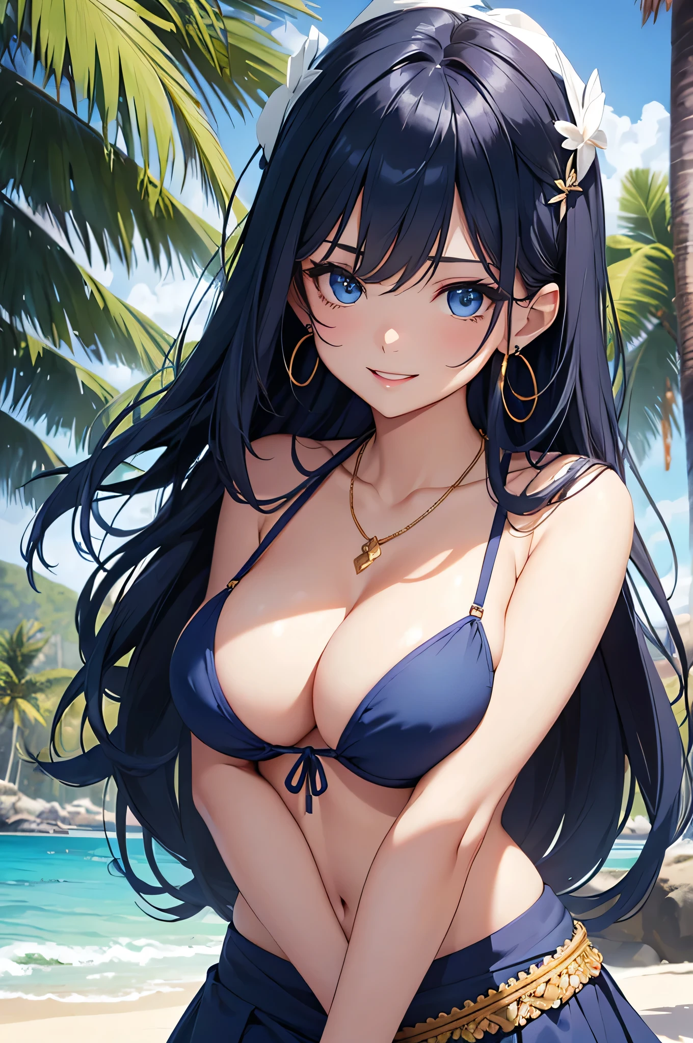 beautiful girl,Long dark blue hair ,blue eyes,Navy Blue Bikini、Big cleavage、(Big Breasts)、smile、blue necklace、Blue Earrings、background(Beach)、Sexy pose、Please open your mouth wide、Navy Blue Skirt