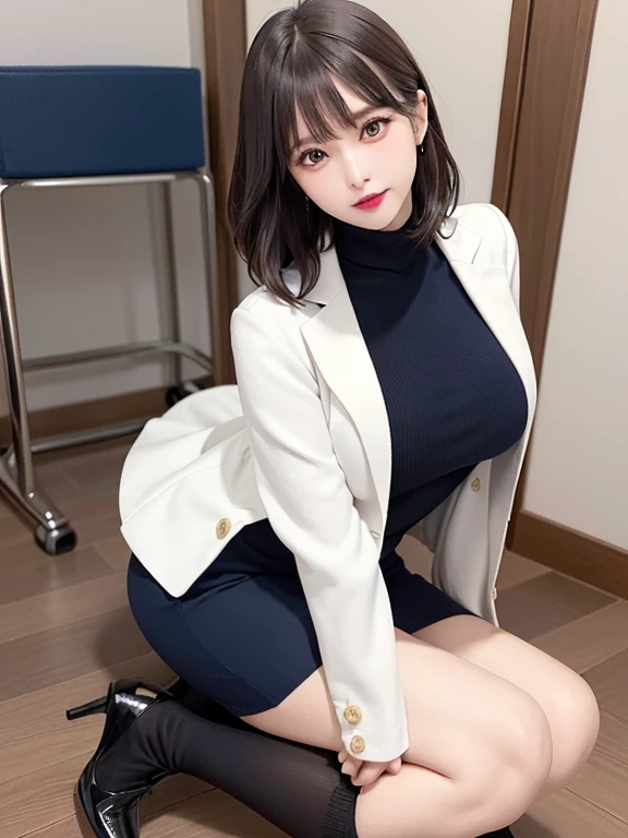 masutepiece, Best Quality, Illustration, Ultra-detailed, finely detail, hight resolution, 8K Wallpaper, Perfect dynamic composition, Beautiful detailed eyes,short bob, mid-chest, Natural Color Lip, Random and sexy poses,Smile,26 years girl、Colossal tits、Examination room、Red High-Neck Sweater: A cozy red sweater with a high neckline, perfect for chilly days. It adds warmth and style to your ensemble. Navy Blue Pencil Skirt: A classic and elegant choice. The pencil skirt typically falls just below the knee, creating a flattering silhouette1. Sheer Stockings: These delicate stockings add a touch of sophistication. They’re lightweight and perfect for pairing with skirts or dresses.doctor coat Blue High-Heeled Shoes: Elevate your look with blue high-heeled shoes. They elongate your legs and add a polished touch. Brown Hair: Your natural hair color complements the overall outfit. It’s versatile and goes well with various styles. White Coat (Like a Doctor): The white coat adds a professional touch, reminiscent of a doctor’s attire. It’s a symbol of authority and expertise.