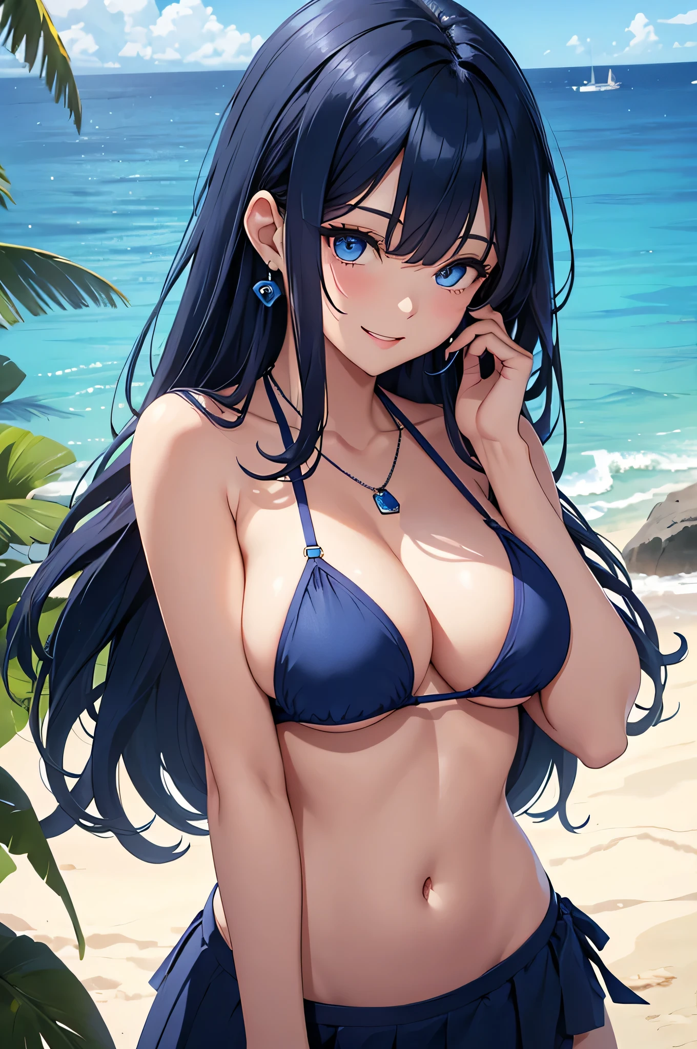 beautiful girl,Long dark blue hair ,blue eyes,Navy Blue Bikini、Big cleavage、(Big Breasts)、smile、blue necklace、Blue Earrings、background(Beach)、Sexy pose、Please open your mouth wide、Navy Blue Skirt