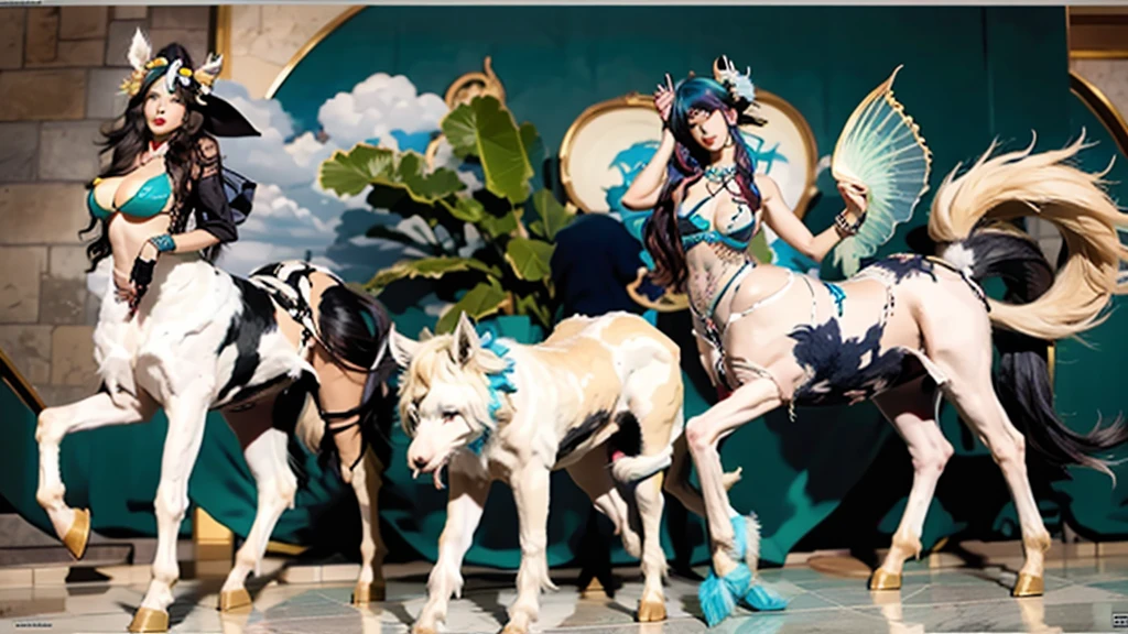 In the beautiful illustration of this super-grand scene,The ultra-distant lens shows us(More than eight distinctive Centaur characters:2.7),Their personality、Distinctive and vivid features。from(A radiant, angelic, snow-white centaur from heaven:1.1),arrive(Nightmare-like fiery red centaur surrounded by flames:1.1)、再arrive(Green Centaur, the wind fairy dancing in the air:1.1)、再arrive有(One-horned blue centaur surrounded by lightning:1.1),arrive(A mechanical-style mecha Centaur shining with metallic light:1.1)、再arrive(A powerful dragon-shaped centaur wearing colorful dragon scale leather:1.1)、再arrive(A slender elven centaur that is graceful and agile:1.1)Gracefully wears a flower crown、arrive(Enchanting and charming Tiflin centaurs:1.1)、再arrive(A succubus centaur with an indescribably sexy feeling:1.1)。Each Centaur character fully demonstrates his unique style。The illustration uses advanced artistic techniques and tools,Use nesting、Weaving、Splicing、perspective、interlude、Montage and other artistic techniques,Divide the scene into sections by geometric arrangement,Each part corresponds to a role,from而更有效地利用了空间,Make eight centaurs exist in one picture at the same time,(The style tends to be grotesque,abstract,fantasy,Gothic,Cthulhu,indescribable:3.3)。Through Midjourney's advanced brush tools、Color palette、Material packs和模型包、Texture tools,For each centaur, beautiful props are designed to increase racial characteristics、Clothing and physical features,Enhances the character's personality and visual appeal,The scenery in the illustrations is stunning,There are changing skies、rainbow、aurora、Stars and Moon。Incorporating iconic landmarks such as Mount Everest,and fireworks、Tranquil Lake、Natural and urban elements of waves and neon lights,Creates a magical atmosphere,Centaurs demonstrate their unique abilities and equipment in a variety of environments,This is true even in extreme alien landscapes。Use Midjourney's tools、Material packs、Texture tools、The color palette makes depicting details vivid and realistic,from复杂的发型和以及不同的种族特质、Body、Appearance features、服装arrive真实的纹理,Greatly improved the realism of the Centaurs and their surroundings,The fusion of multiple art styles adds dynamism to the character's movement at all angles,The overall visual experience is further enriched。The final illustration was described as a "masterpiece",It has the characteristics of "best quality" and "realistic",The details put into the creative process are shown、Level of creativity and craftsmanship。 hdr,(Reality,Masterpiece quality,Best quality)
