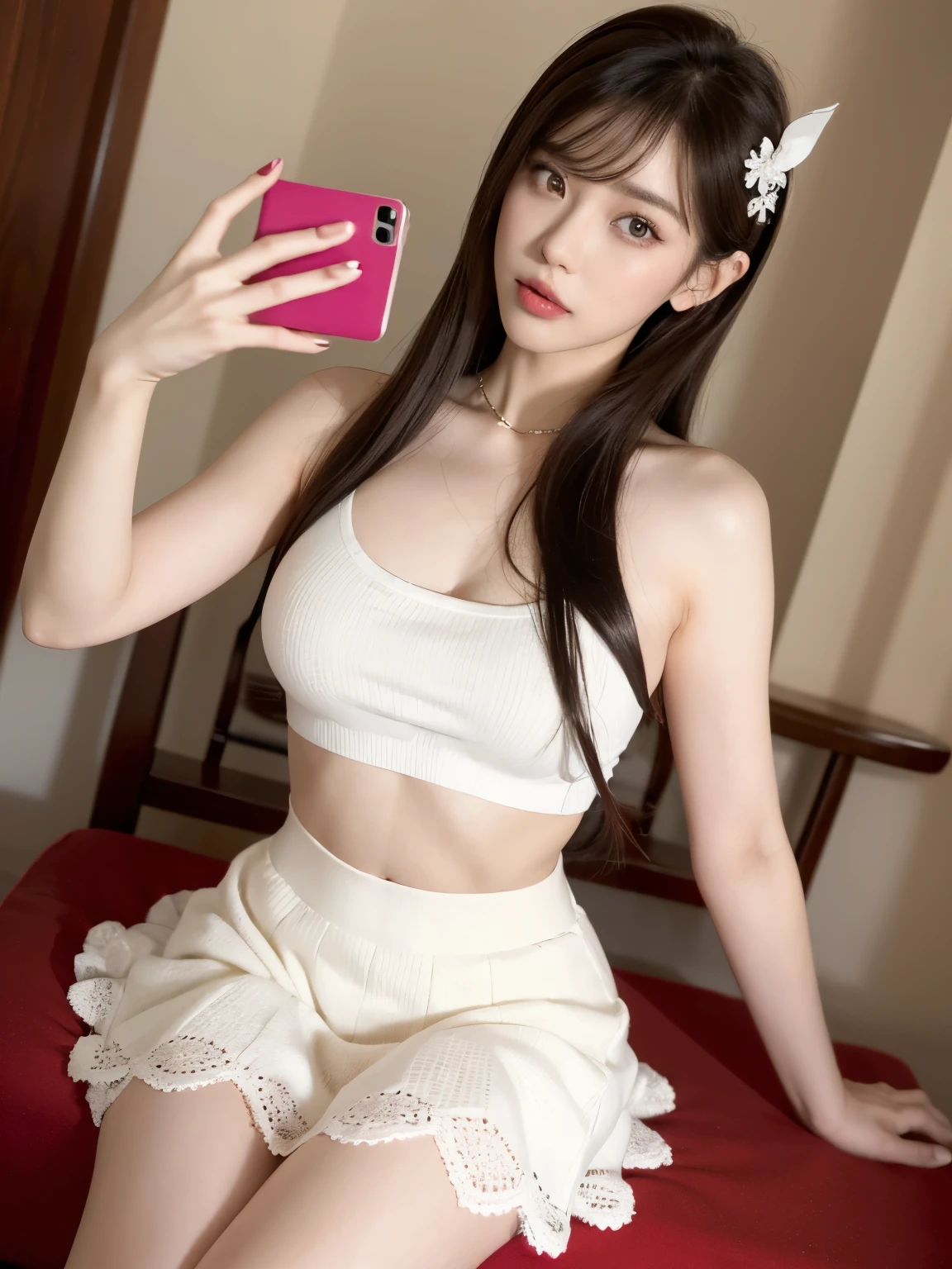 Kim Jennie with white brown hair, con rulos en las puntas, all her hair white brown, with a star clip in her white brown hair, ojos de color claro, ojos bonitos, ojos llorosos, nariz bonita y respingada, nariz lloroso, labios bonitos, labios rosas, heart and cupid shaped lip, piel bonita, pale, piel blanca, con lunares y pecas en todo el rostro, rubor rosa suave en las mejilla, rubor rosa natural, maquillaje suave y rosa, jennie, cuello bonito, cuello marcado, frown, mirada tierna, con un collar de beso, un collar bonito de beso, parecido a Yumeko Jabami, mientras lleva puesto un Crochet YK2, de lana, with a YK2 style brown mini skirt, mientras lleva una casaca con estampados de ositos, mientras tiene el abdomen desnudo, delgado, marcado y bonito, (pechos grandes, pechos suaves, pechos bonitos), mientras esta haciendo cospaly del personaje Yumeko Jabami, del anime Kakegurui, mirando a la camara, autofoto, selfie bonita