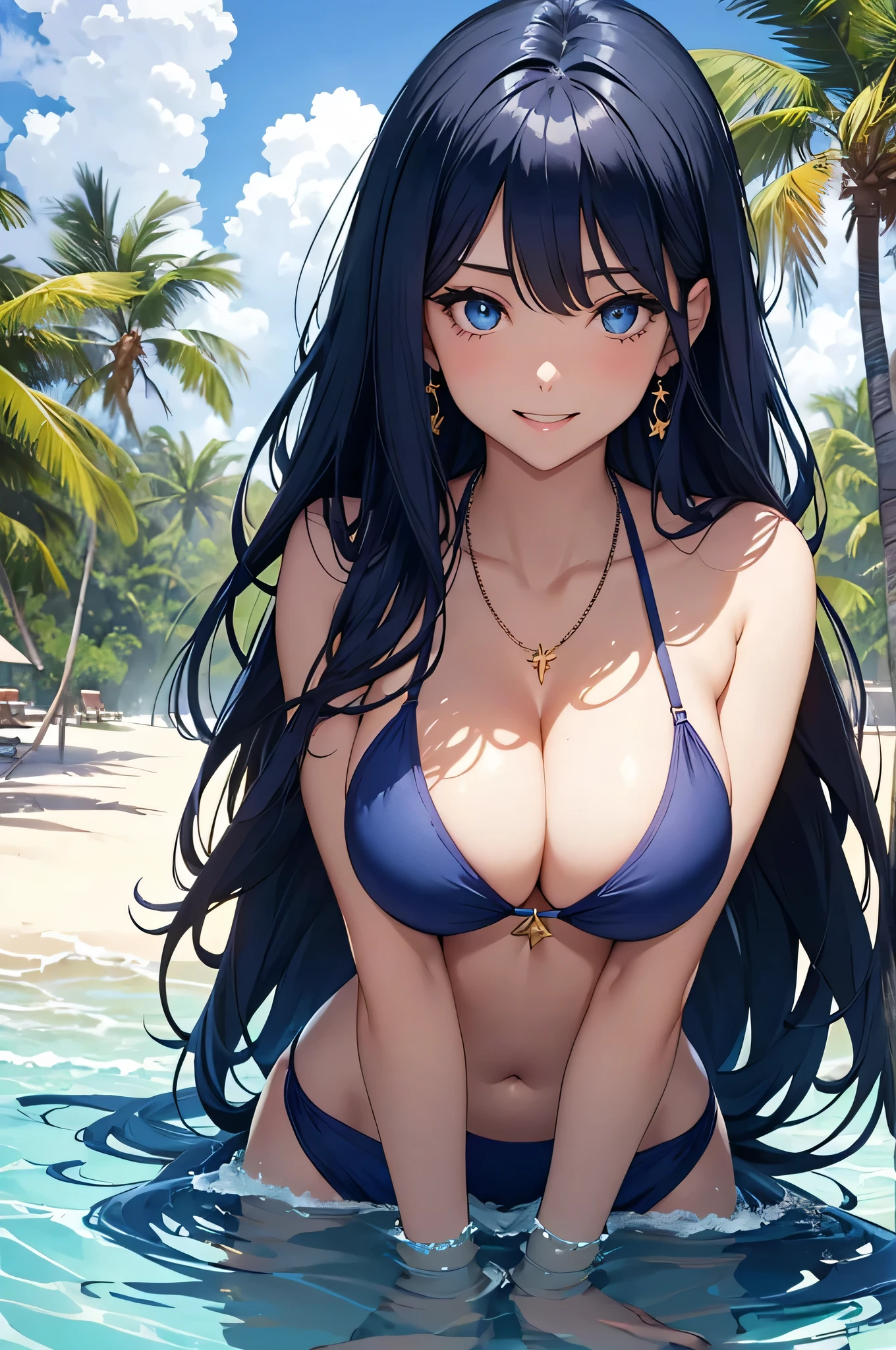 beautiful girl,Long dark blue hair ,blue eyes,Navy Blue Bikini、Big cleavage、(Big Breasts)、smile、blue necklace、Blue Earrings、background(Beach)、Sexy pose、Please open your mouth wide、