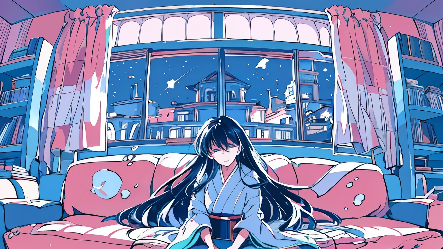 A Japanese woman with elegant features and radiant skin sits cross-legged on a plush sofa in her cozy room. Her long, black hair falls in soft waves around her shoulders, framing her pretty face as she closes her eyes and loses herself in the melodic tunes playing through her vintage record player. The shelves lining the room are adorned with an impressive collection of records, their covers a vibrant mosaic of colors that add a touch of character to the serene atmosphere. The large windows, draped with translucent curtains, offer a mesmerizing view of the night sky, where the twinkling stars cast their gentle glow over the tranquil scene. The room is