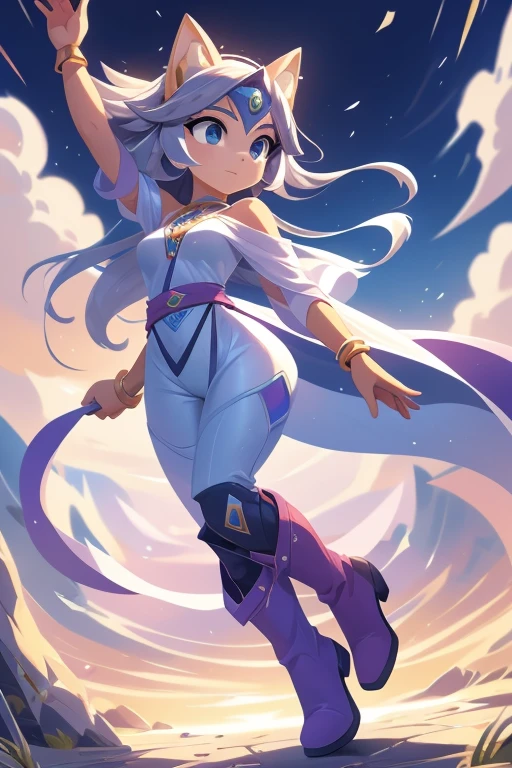 Nome: Aria Poderes: Controle do vento Cor da pele: pale, com um tom cinza claro Cor dos olhos: Cinza opaco Cabelo: Curto e selvagem, na cor cinza prateado Vestimenta: A light gray jumpsuit, ajustado ao corpo, with details in light, flowing fabric that remind you of the wind. She wears knee high boots, na cor cinza escuro. accessories: Um colar com um pingente de pena cinza e pulseiras com pequenos sinos.

Aria is a mysterious woman with the power to control the wind. Your skin is pale, com um tom cinza claro, almost translucent, como se estivesse sempre em harmonia com o ar. Your eyes are a dull gray, expressando tranquilidade e sabedoria. Her short, wild hair is silver gray in color., parecendo uma brisa em constante movimento. She wears a light gray jumpsuit, ajustado ao corpo, que permite liberdade de movimento. The jumpsuit has details in light, flowing fabric, que remetem ao vento em constante movimento ao seu redor. Aria wears knee-high boots, na cor cinza escuro, that give a feeling of stability even in the midst of storms. Ela usa um colar com um pingente de pena cinza, symbolizing your connection with the wind and your freedom. Their bracelets are adorned with small bells, que produzem sons suaves quando ela se move, como o sussurro do vento. Aria is a calm and balanced figure, capaz de canalizar e moldar o vento de acordo com sua vontade. She uses her powers to protect and guide those who are lost., bringing favorable winds and refreshing breezes. Seu plano de fundo retrata uma paisagem ampla e aberta, com campos e montanhas, onde o vento sopra livremente, reflecting its constant connection with the element it controls.