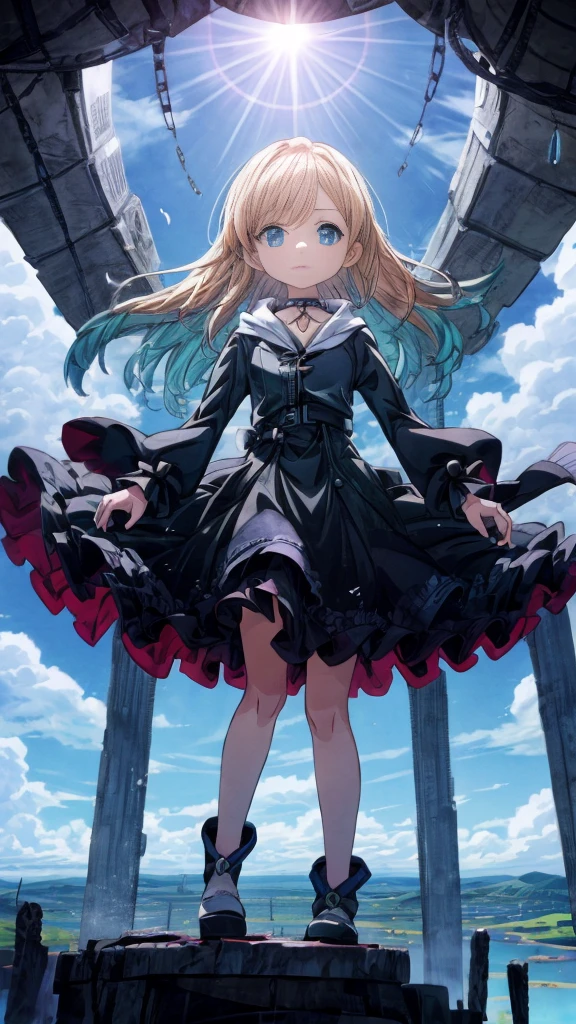 absurderes, hight resolution, (Anime style:1.1), ((masutepiece)), ((Best Quality)), (Ultra-detailed), (Beautiful), solo, Beautiful face、(liftup)、Cute looking at the view from the top of a skyscraper that is closer to the atmosphere,Wind,((Thin black colorful long hair)),, Blue Eyes,Lens Flare,Dramatic,Detailed Ancient City、Skirt fluttering in the wind、Clouds below looking down、(Don't look here:1.4),((Kingdom hearts4)),