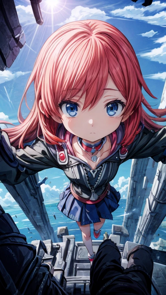 absurderes, hight resolution, (Anime style:1.1), ((masutepiece)), ((Best Quality)), (Ultra-detailed), (Beautiful), solo, Beautiful face、(liftup)、Cute looking at the view from the top of a skyscraper that is closer to the atmosphere,Wind,((Thin black colorful long hair)),, Blue Eyes,Lens Flare,Dramatic,Detailed Ancient City、Skirt fluttering in the wind、Clouds below looking down、(Don't look here:1.4),((Kingdom hearts4)),