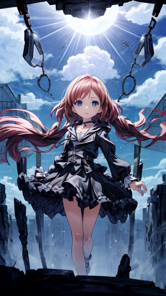 absurderes, hight resolution, (Anime style:1.1), ((masutepiece)), ((Best Quality)), (Ultra-detailed), (Beautiful), solo, Beautiful face、(liftup)、Cute looking at the view from the top of a skyscraper that is closer to the atmosphere,Wind,((Thin black colorful long hair)),, Blue Eyes,Lens Flare,Dramatic,Detailed Ancient City、Skirt fluttering in the wind、Clouds below looking down、(Don't look here:1.4),((Kingdom hearts4)),