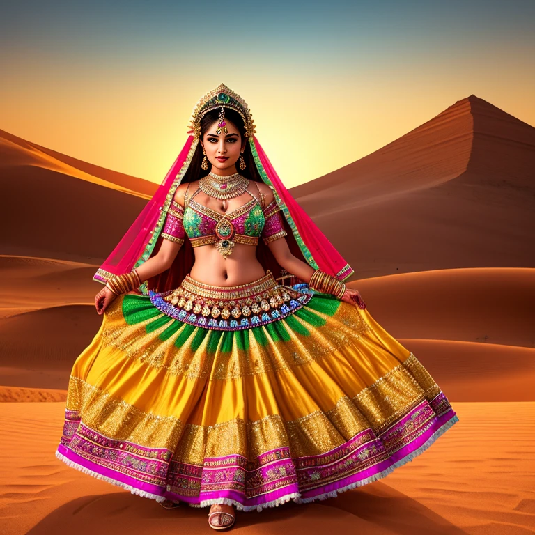 create 25 year old beautiful Indian bride in Full body photography of the most beautiful artwork in the world, a beautiful woman in intricate costume burning in the desert, rainbow colors, ArtStation, CGSociety, complex, high detail, clear focus, dramatic, realistic pictorial art trends Greg Rutkovsky, dynamic pose, 8k, big breasts, sexy