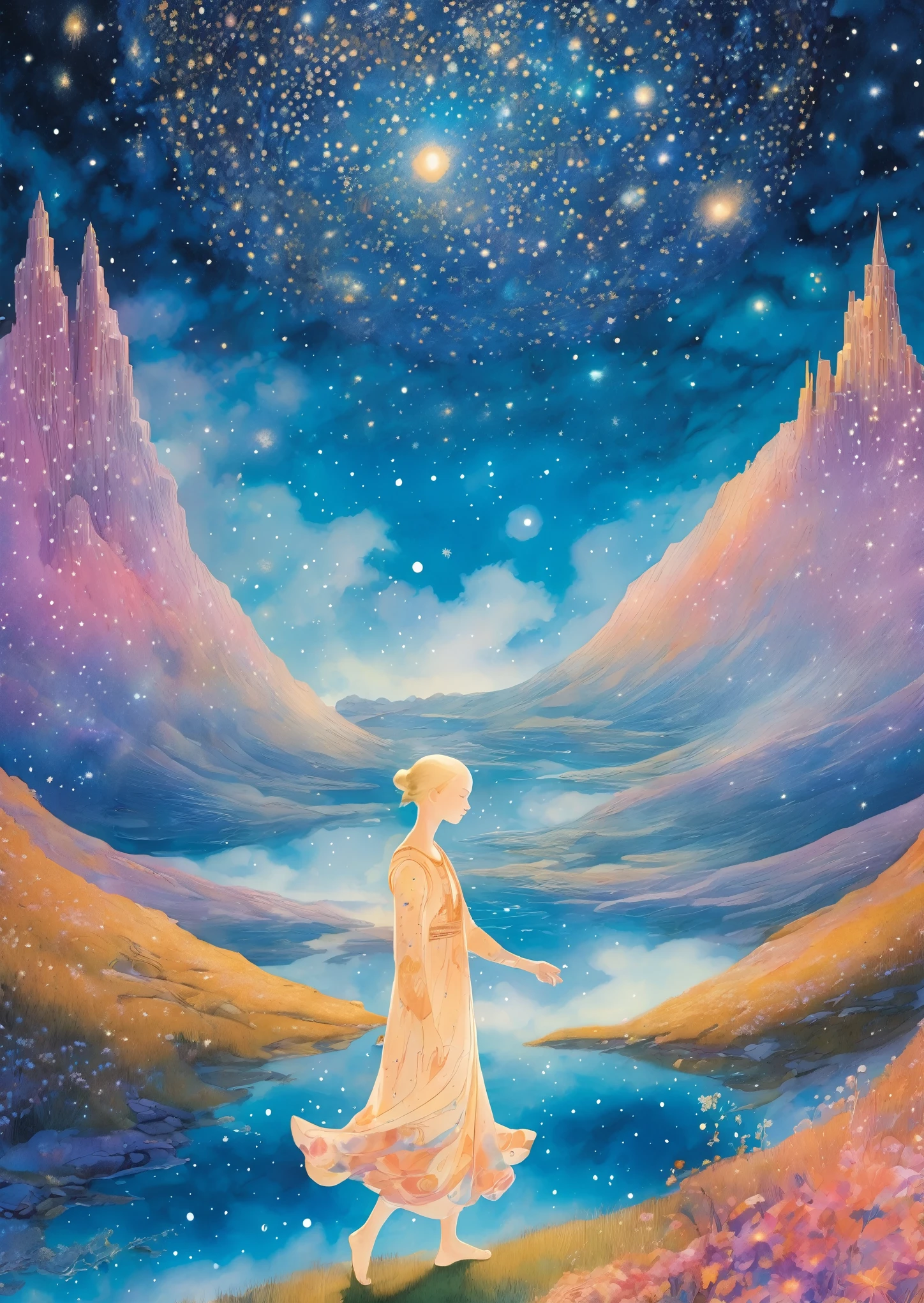 one woman beautiful closeup surreal night milky way dreamy, Folklore,   magic, orientalism, Romanticism
(An illustration：Kay Nielsen、Ryan McGinley、Pipilotti Rist)