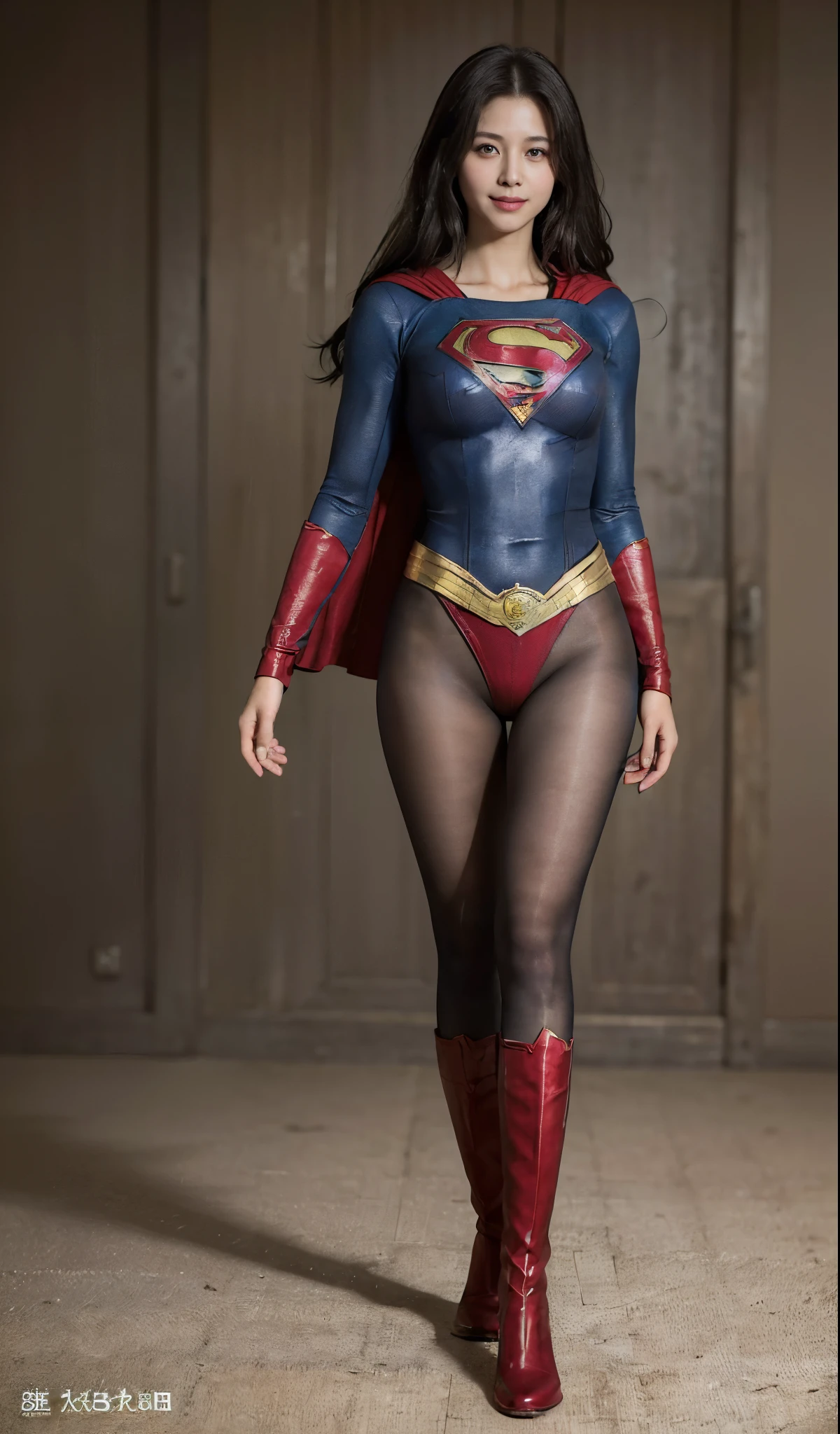 No background、(((Beautiful legs in black tights.)))、(((Legally express the beauty of your smile)))、((((Make the most of your original images)))、(((Supergirl Costume)))、(((ボディにフィットしたSupergirl Costume)))、(((Beautiful Hair)))、(((Smiling and winking)))、(((Please wear black tights....、Wear red boots)))、((Best image quality、8k))、((highest quality、8k、masterpiece:1.3))、(((Preserve background )))、Sharp focus:1.2、Beautiful woman with perfect figure:1.4、Slim Abs:1.2、Wet body:1.5、Highly detailed face and skin texture、8k