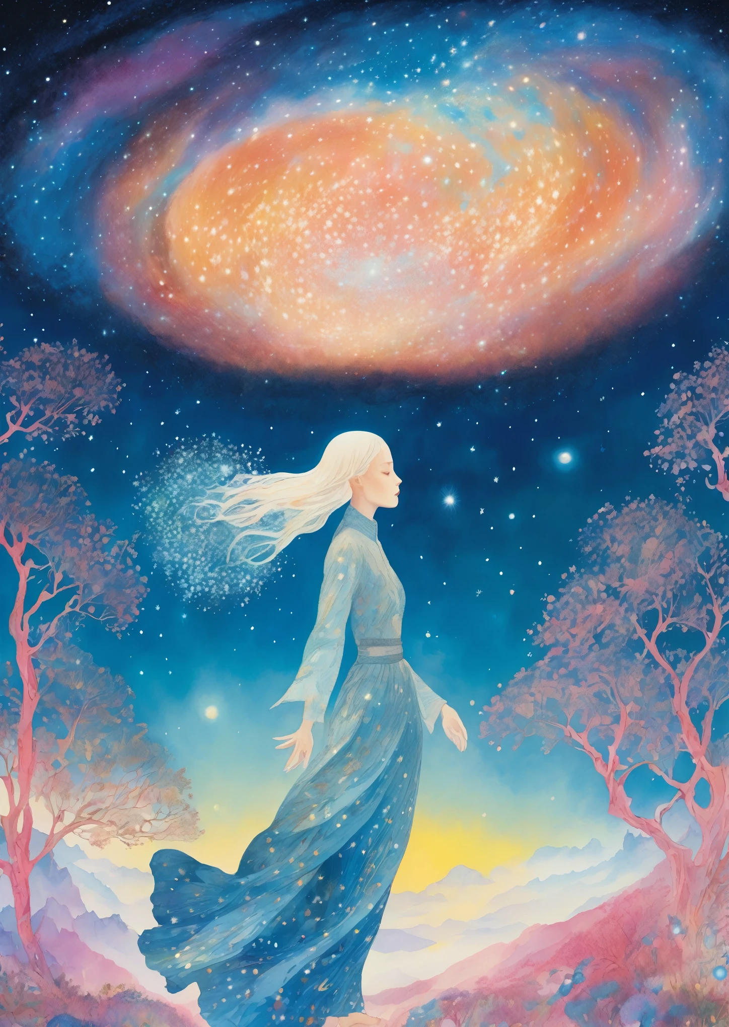 one woman beautiful closeup surreal night milky way dreamy, Folklore,   magic, orientalism, Romanticism
(An illustration：Kay Nielsen、Ryan McGinley、Pipilotti Rist)