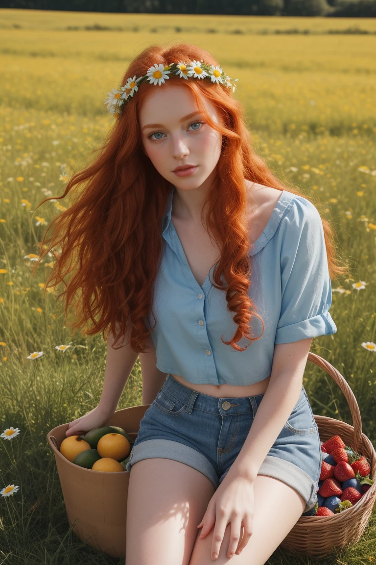 (girl:1.2),alone, (long ginger curly red hair:1.1), blue eyes, Wearing a daisy wreath on your head, Sit in a daisy field, (fruit basket:1.1), blue shorts, red shirt,,raw,photographic,photo shadows,actual,Ridiculous,Aesthetic,elegant