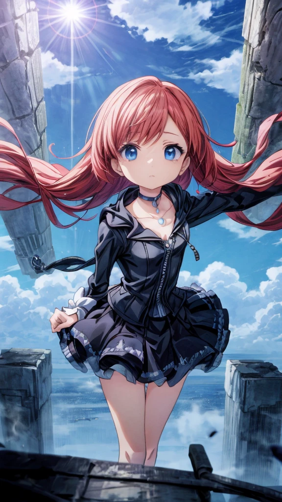 absurderes, hight resolution, (Anime style:1.1), ((masutepiece)), ((Best Quality)), (Ultra-detailed), (Beautiful), solo, Beautiful face、(liftup)、Cute looking at the view from the top of a skyscraper that is closer to the atmosphere,Wind,((Thin black colorful long hair)),, Blue Eyes,Lens Flare,Dramatic,Detailed Ancient City、Skirt fluttering in the wind、Clouds below looking down、(Don't look here:1.4),((Kingdom hearts4)),