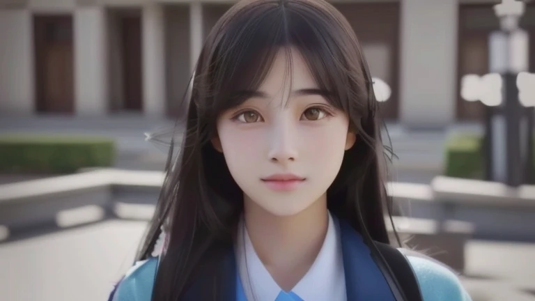 Cute girl,asian,school uniform,black hair with bangs,charm,innocent