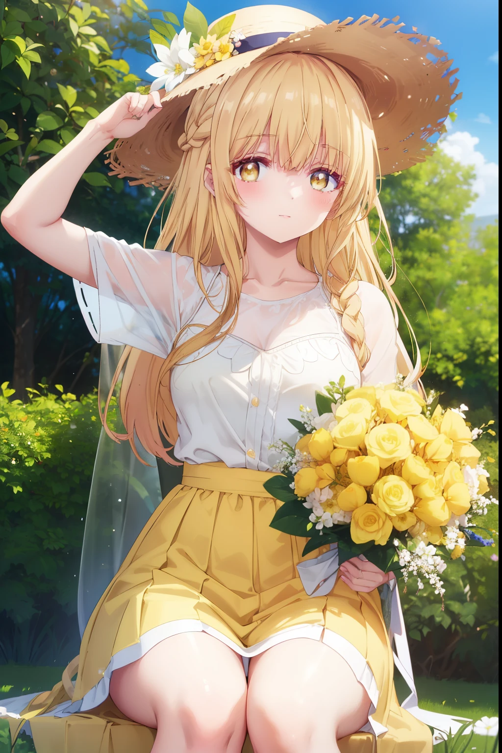 Mahiru shiina, , blonde, (Yellow Eyes:1.3)、Braided long hair,,blush,smile,Captivating thighs、Beautiful bare legs, Sideways armpit、Very cute short sleeve、Very beautiful garden、Holding a colorful bouquet💐、Wear a straw hat
（masterpiece:1.2), highest quality, High resolution, unity 8k wallpaper, (shape:0.8), (Beautiful and beautiful eyes:1.6), Highly detailed face, Perfect lighting, Extremely detailed CG, (Perfect hands, Perfect Anatomy),