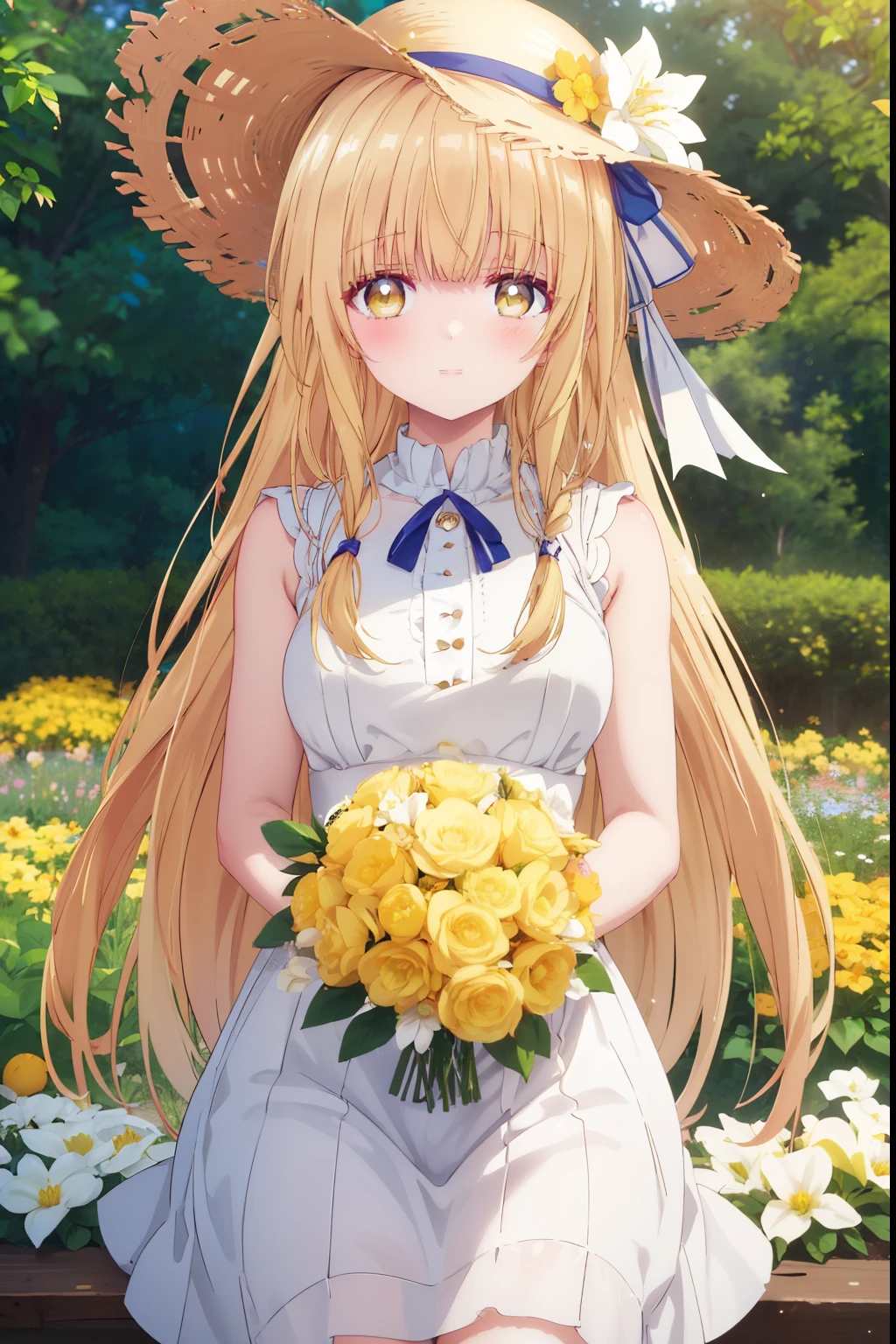 Mahiru shiina, , blonde, (Yellow Eyes:1.3)、Braided long hair,,blush,smile,Captivating thighs、Beautiful bare legs, Sideways armpit、Very cute short sleeve、Very beautiful garden、Holding a colorful bouquet💐、Wear a straw hat
(masterpiece:1.2), highest quality, High resolution, unity 8k wallpaper, (shape:0.8), (Beautiful and beautiful eyes:1.6), Highly detailed face, Perfect lighting, Extremely detailed CG, (Perfect hands, Perfect Anatomy),