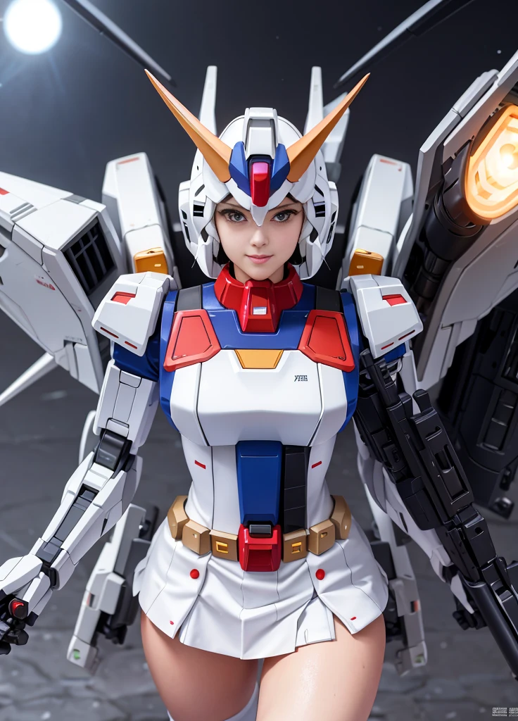 (best quality), (masterpiece), Mobile Suit Gundam F91 Anthropomorphic, Browse, Highlights of the upper body, powerful mecha, Beam rifle, girl, 21 years old, baby face, beautiful eyes, Modest nose, Neat, Smile, Absolute area, wet、slightly thicker thighs, Short skirt, Legs open, whole body, universe, Battle scene with enemies,