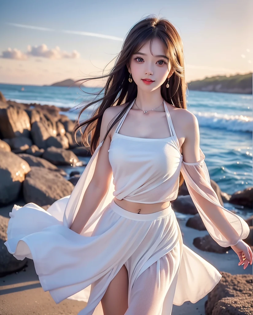 Great view of the coast, 1girl, (Bright Eyes, Tanned skin, Carefree expression), Beach Background, lighthouse, gentle sea breeze, Playful pose, Dynamic Synthesis, Golden Hour Lighting, Blurred background, Rich colors, Fine details, Surreal, 50mm lens, Relaxed atmosphere. Portrait Photography, 35 mm film, natural blurry, (The upper body is white and wrapped around the chest, Long skirt at the bottom),  girl, Good fingers, Smile, whole body, Long legs, young girl body proportions