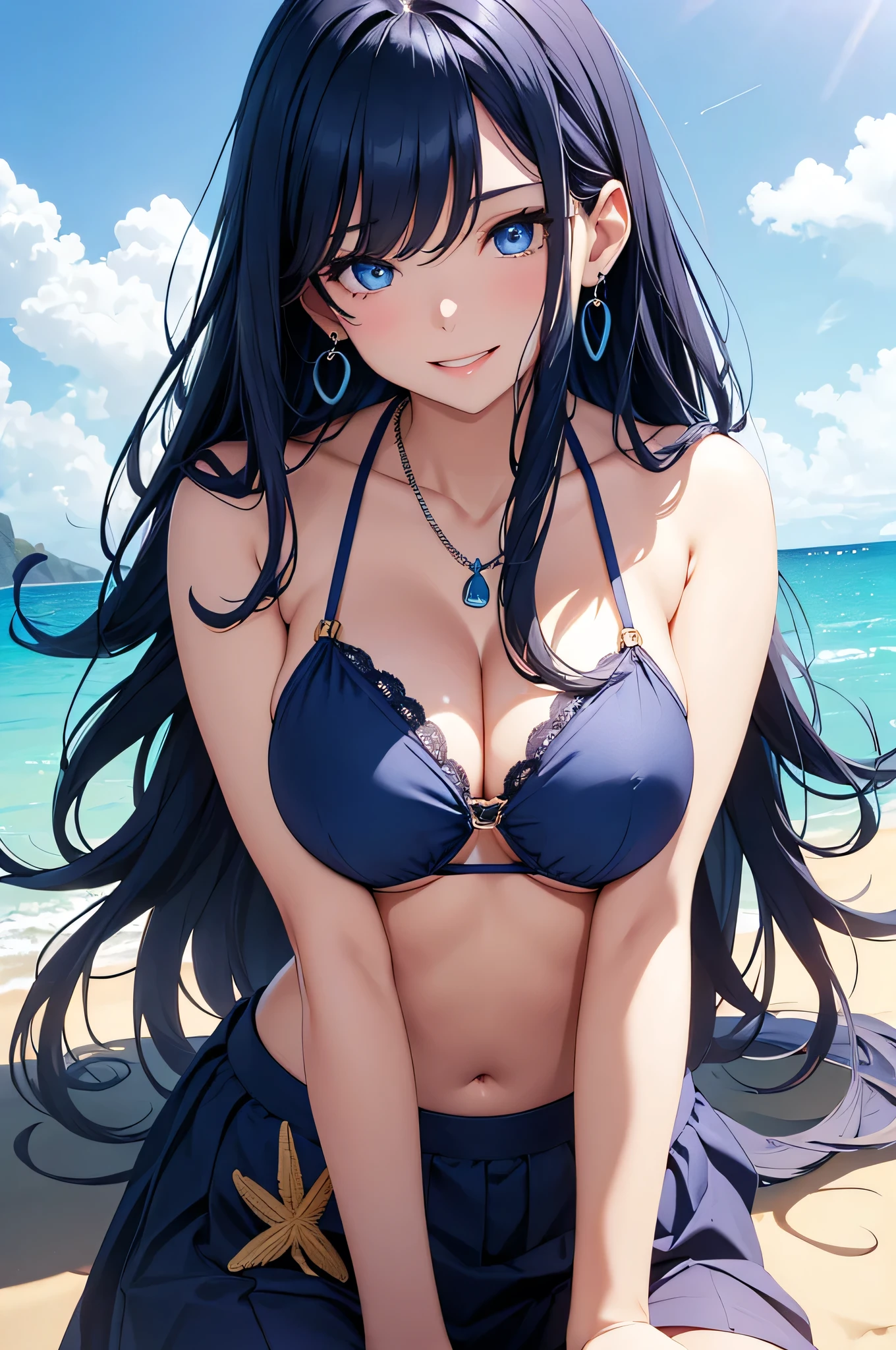 beautiful girl,Long dark blue hair ,blue eyes,Navy Blue Bikini、Big cleavage、(Big Breasts)、smile、blue necklace、Blue Earrings、background(Beach)、Sexy pose、Please open your mouth wide、Navy Blue Skirt