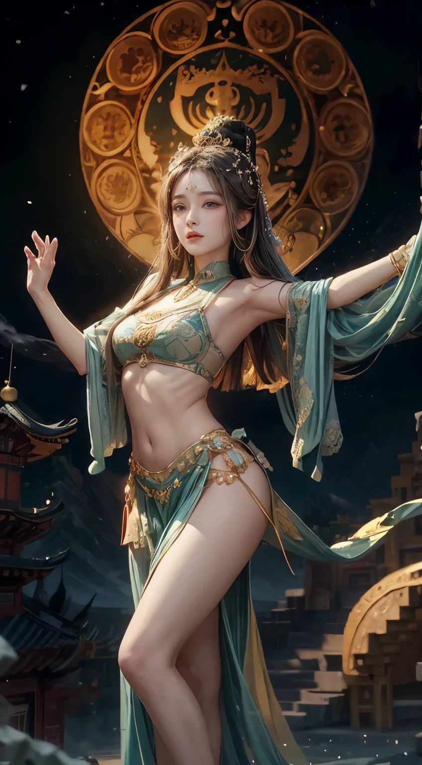 High level of image quality、Very detailed、8K、Loulan beauty、Daughter of Heaven、Belly dancer、Fator、Emerald、Baoyu、mystery、fantastic、Loulan、Tower、Lost city、China、mirage、Dunhuang、skyline、Magnificent Palace、Dancing in the Moonlit Palace、LoulanMandala background美女、Daughter of Heaven、Belly dancer、Fator、Emerald、Baoyu、mystery、fantastic、Loulan、Tower、Lost city、China、mirage、Dunhuang、skyline、Magnificent Palace、Dancing in the Moonlit Palace、Mandala background