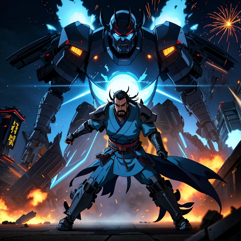 Intense Fight scene between (a male samurai with black facial hair, wearing a light blue kimono) and (an evil-looking mech in white armor with yellow lights) explosions and destruction in the background of (Modern Day Tokyo)
