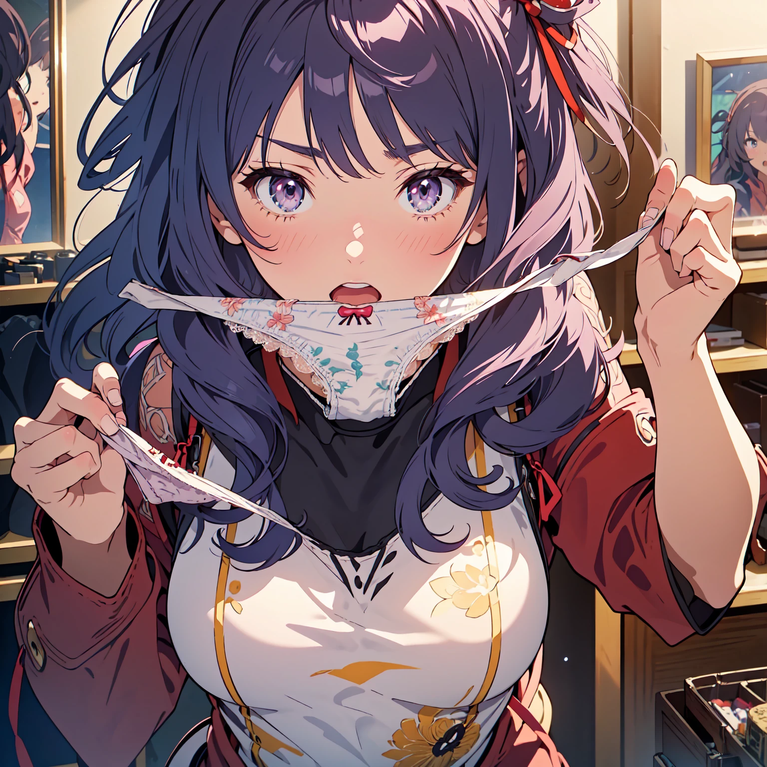 (best quality, ultra-detailed, anime picture, game cg, art cg), (solo), (Rixia Mao), purple hair, in underwear, large breasts, open mouth, perfect face,  (white elaborately designed luxury panties for adults, panties high definition images, draw panties with super precision), lace trimmed bra, extremely detailed texture, embarrassed, nose blush, sexy pose, ((underwear in dressing room)), cowboy shot, (holding panties:1.2)